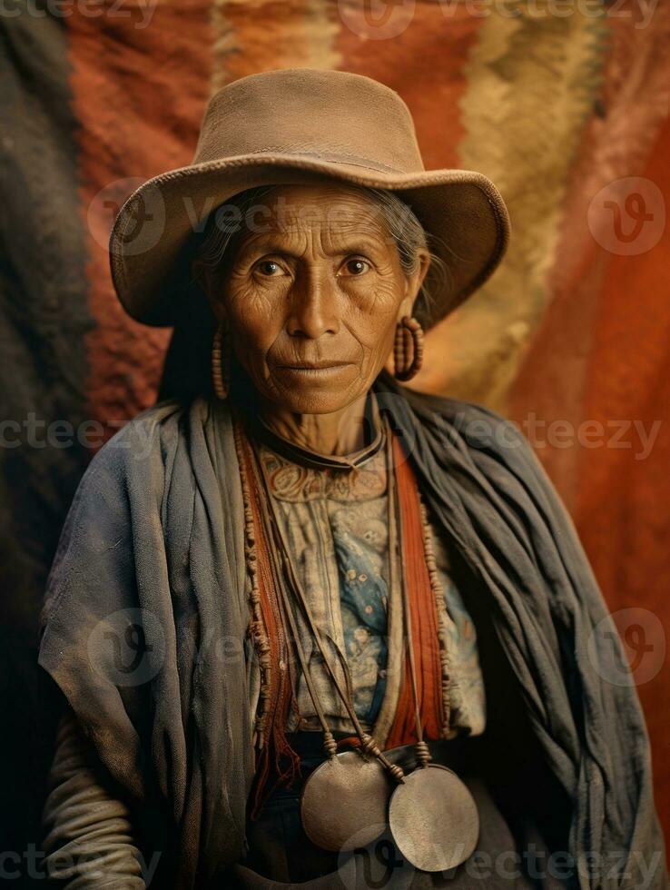 oud gekleurde fotograaf van een Mexicaans vrouw van de vroeg jaren 1900 ai generatief foto