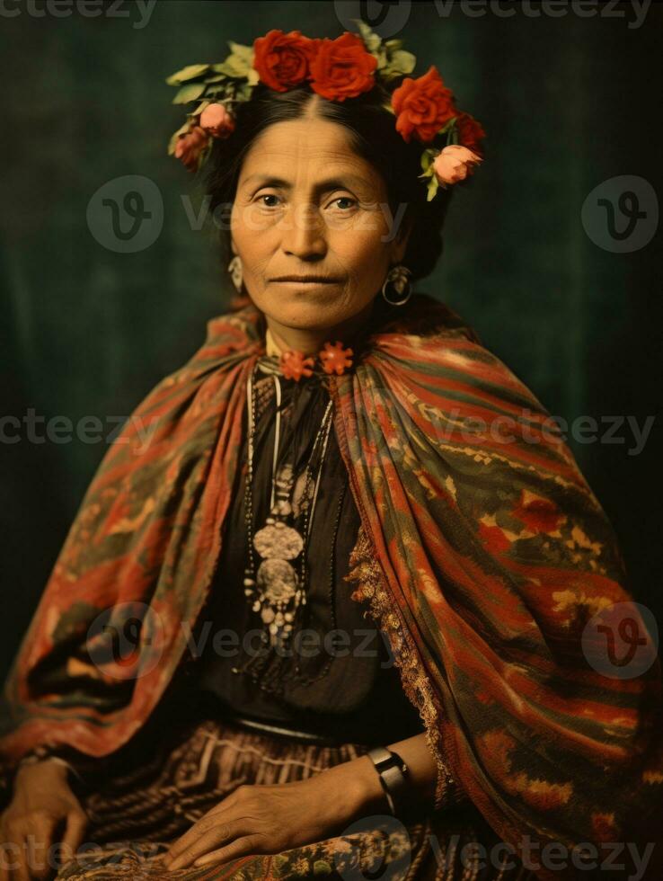 oud gekleurde fotograaf van een Mexicaans vrouw van de vroeg jaren 1900 ai generatief foto