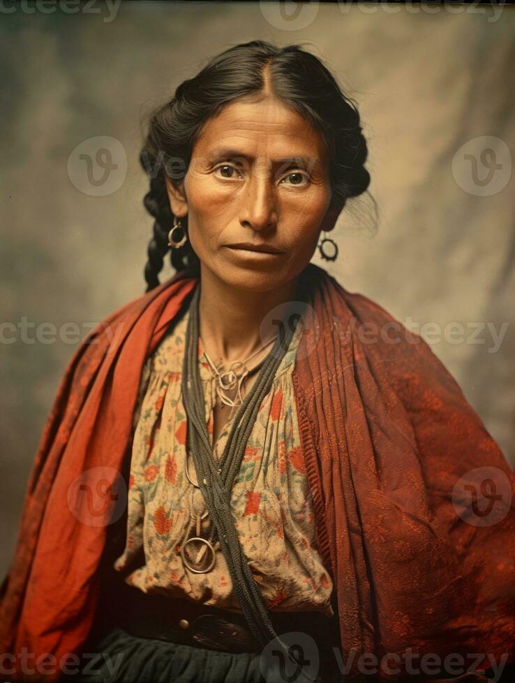 oud gekleurde fotograaf van een Mexicaans vrouw van de vroeg jaren 1900 ai generatief foto