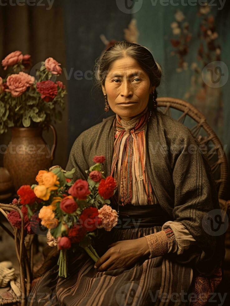 oud gekleurde fotograaf van een Mexicaans vrouw van de vroeg jaren 1900 ai generatief foto