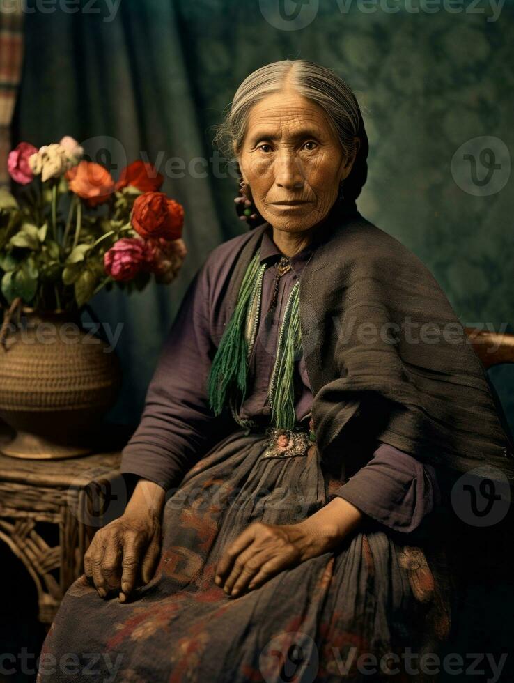 oud gekleurde fotograaf van een Mexicaans vrouw van de vroeg jaren 1900 ai generatief foto