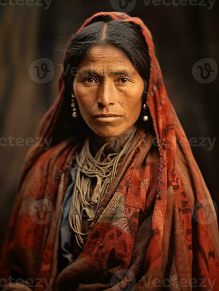 oud gekleurde fotograaf van een Mexicaans vrouw van de vroeg jaren 1900 ai generatief foto