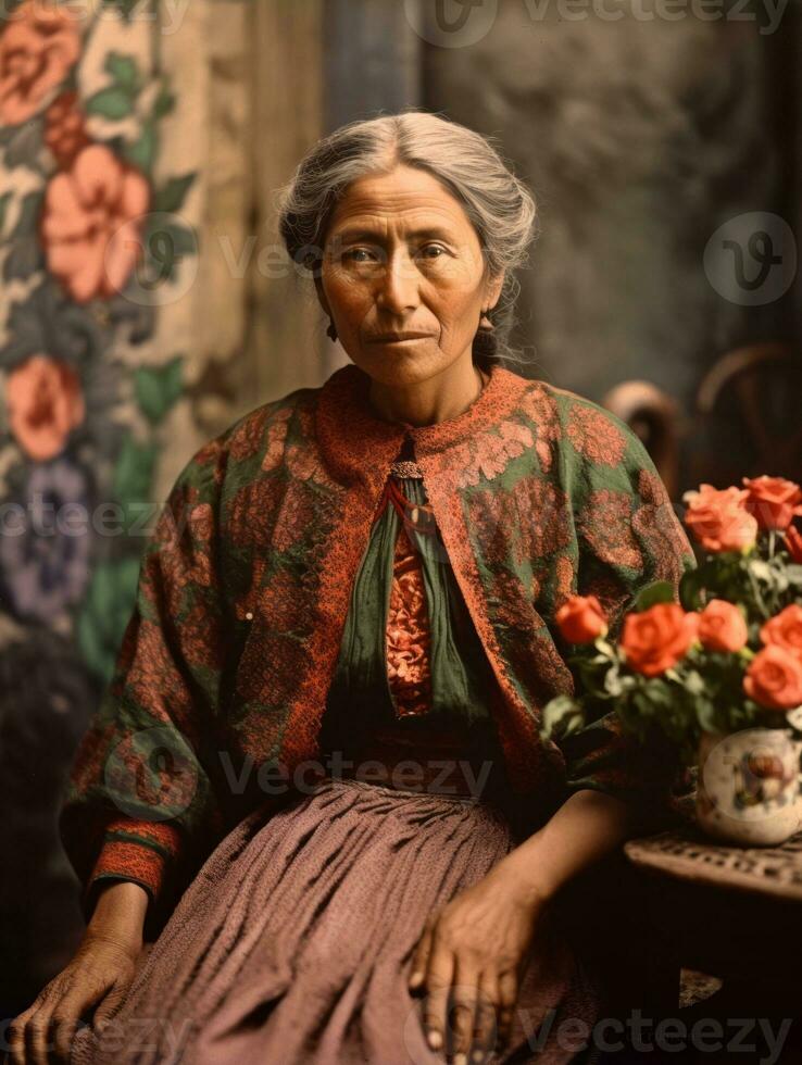 oud gekleurde fotograaf van een Mexicaans vrouw van de vroeg jaren 1900 ai generatief foto