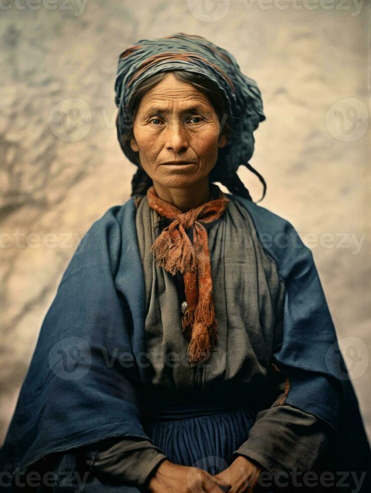 oud gekleurde fotograaf van een Mexicaans vrouw van de vroeg jaren 1900 ai generatief foto