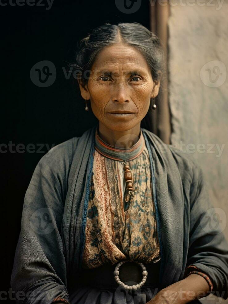 oud gekleurde fotograaf van een Mexicaans vrouw van de vroeg jaren 1900 ai generatief foto