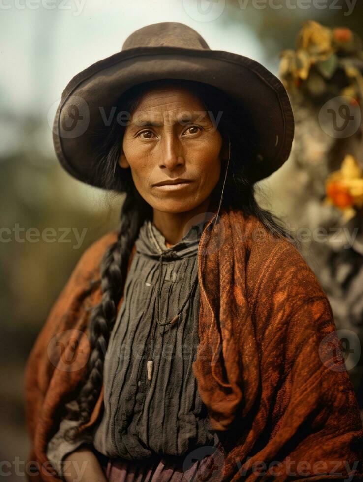 oud gekleurde fotograaf van een Mexicaans vrouw van de vroeg jaren 1900 ai generatief foto