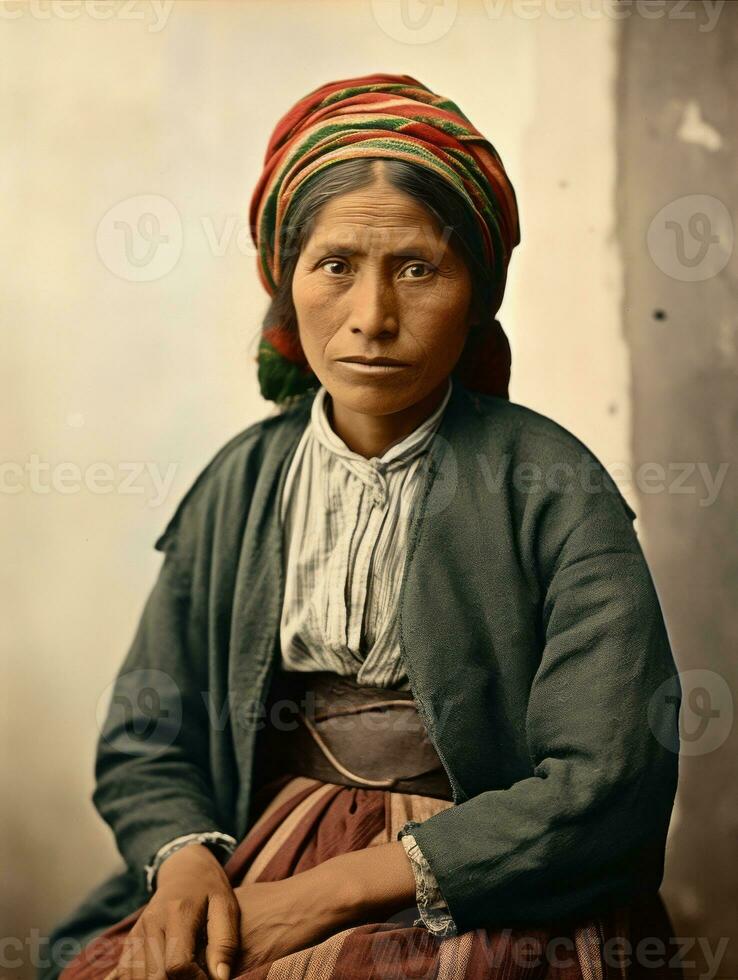 oud gekleurde fotograaf van een Mexicaans vrouw van de vroeg jaren 1900 ai generatief foto