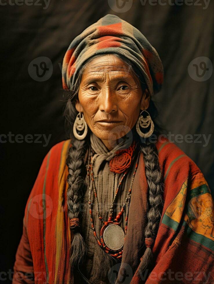 oud gekleurde fotograaf van een Mexicaans vrouw van de vroeg jaren 1900 ai generatief foto