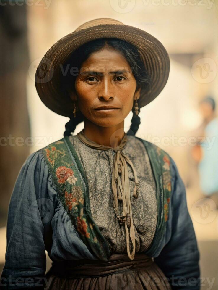 oud gekleurde fotograaf van een Mexicaans vrouw van de vroeg jaren 1900 ai generatief foto