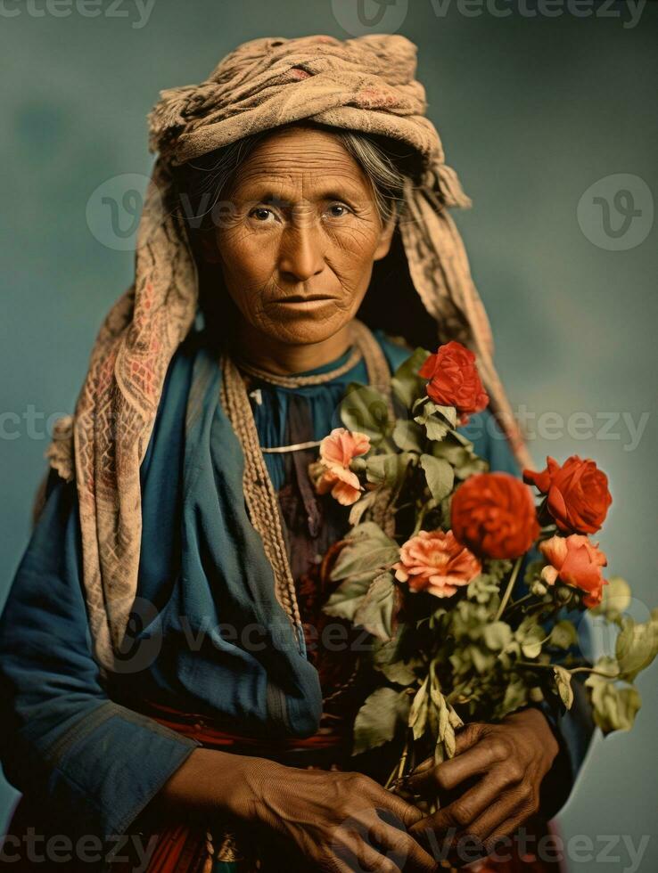 oud gekleurde fotograaf van een Mexicaans vrouw van de vroeg jaren 1900 ai generatief foto