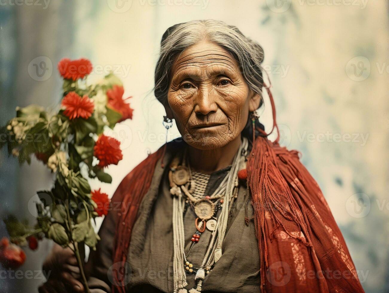 oud gekleurde fotograaf van een Mexicaans vrouw van de vroeg jaren 1900 ai generatief foto