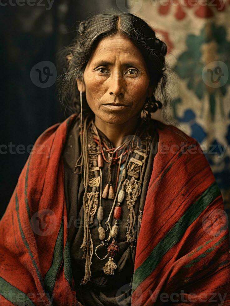 oud gekleurde fotograaf van een Mexicaans vrouw van de vroeg jaren 1900 ai generatief foto