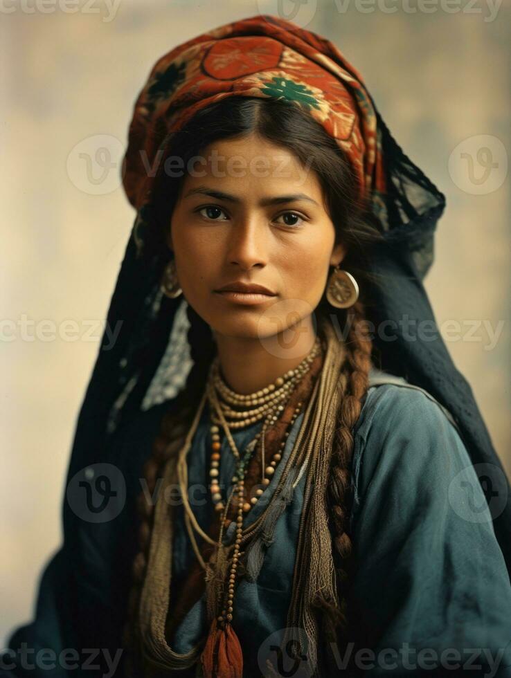 oud gekleurde fotograaf van een Mexicaans vrouw van de vroeg jaren 1900 ai generatief foto