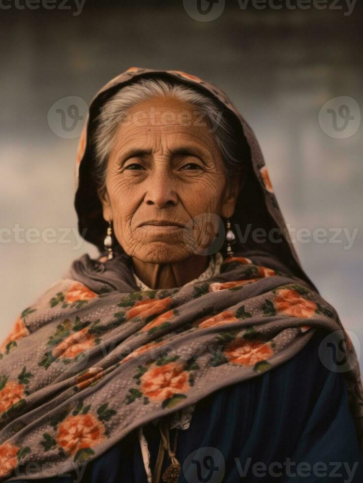 oud gekleurde fotograaf van een Mexicaans vrouw van de vroeg jaren 1900 ai generatief foto