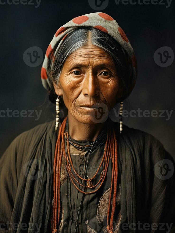 oud gekleurde fotograaf van een Mexicaans vrouw van de vroeg jaren 1900 ai generatief foto