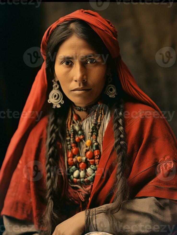 oud gekleurde fotograaf van een Mexicaans vrouw van de vroeg jaren 1900 ai generatief foto