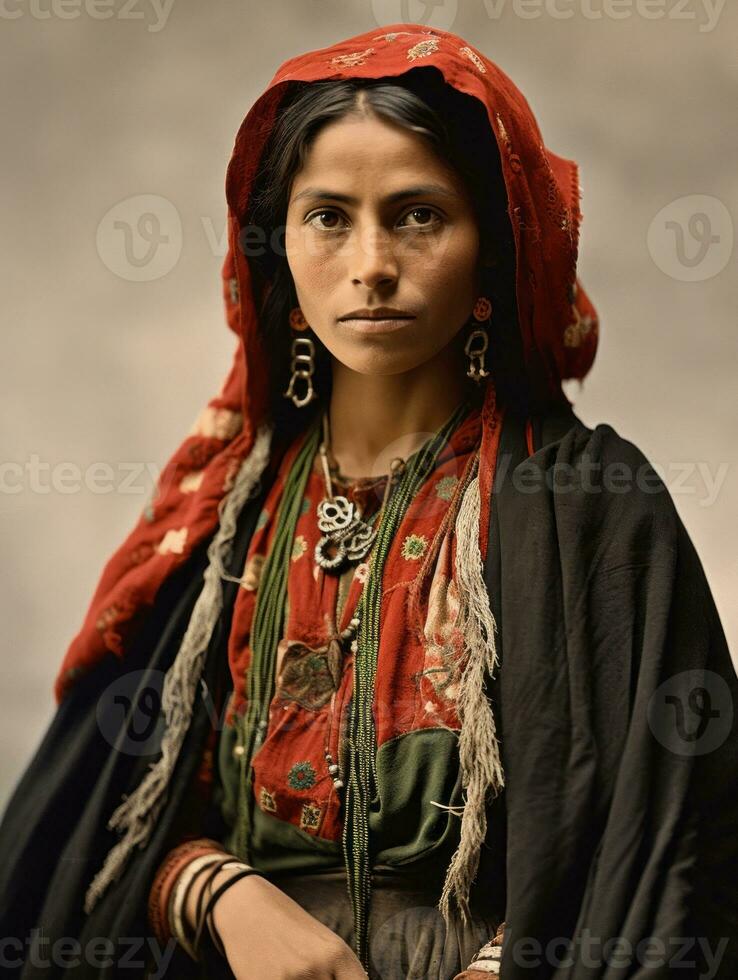 oud gekleurde fotograaf van een Mexicaans vrouw van de vroeg jaren 1900 ai generatief foto