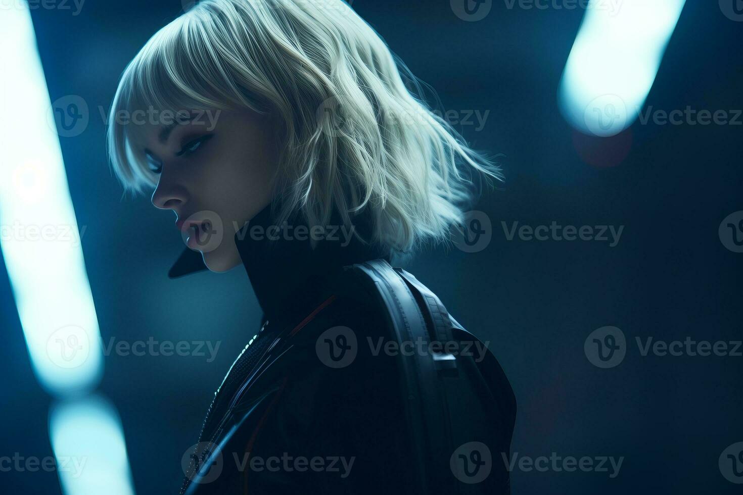 een vrouw met blond haar- staand in een donker kamer foto