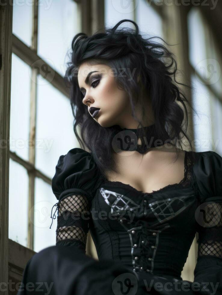 een vrouw in een zwart gotisch jurk zittend door een venster generatief ai foto