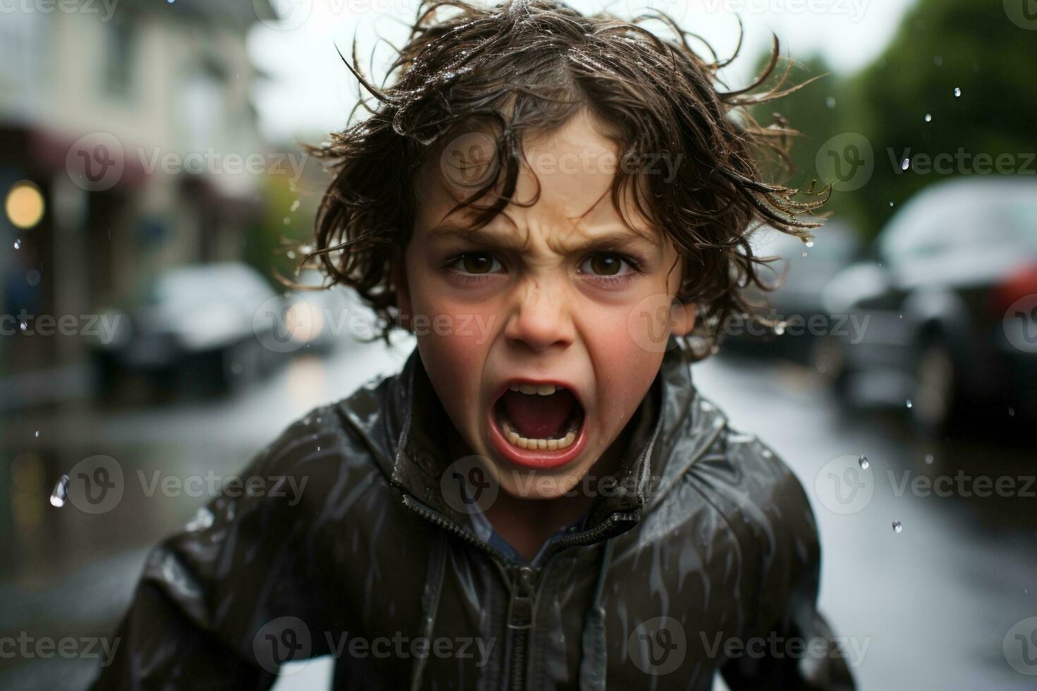 een jong jongen met zijn mond Open in de regen generatief ai foto