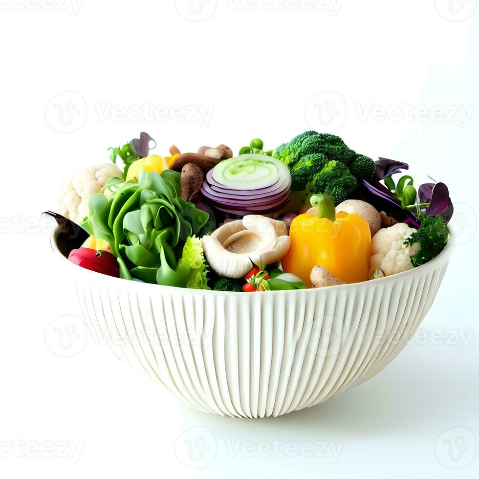 Internationale veganistisch dag viering ai generatief met gezond groenten in wit keramisch kom foto