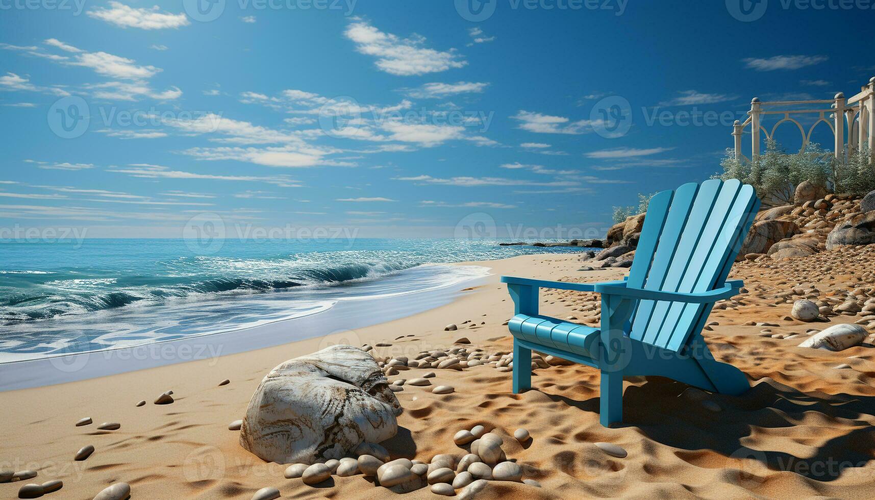 zomer vakanties rustig kustlijn, blauw wateren, ontspanning, buitenshuis schoonheid gegenereerd door ai foto