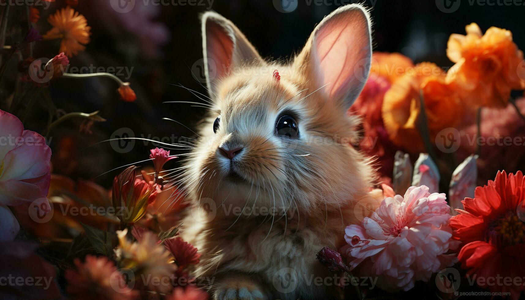 pluizig baby konijn zittend Aan gras, omringd door bloemen gegenereerd door ai foto