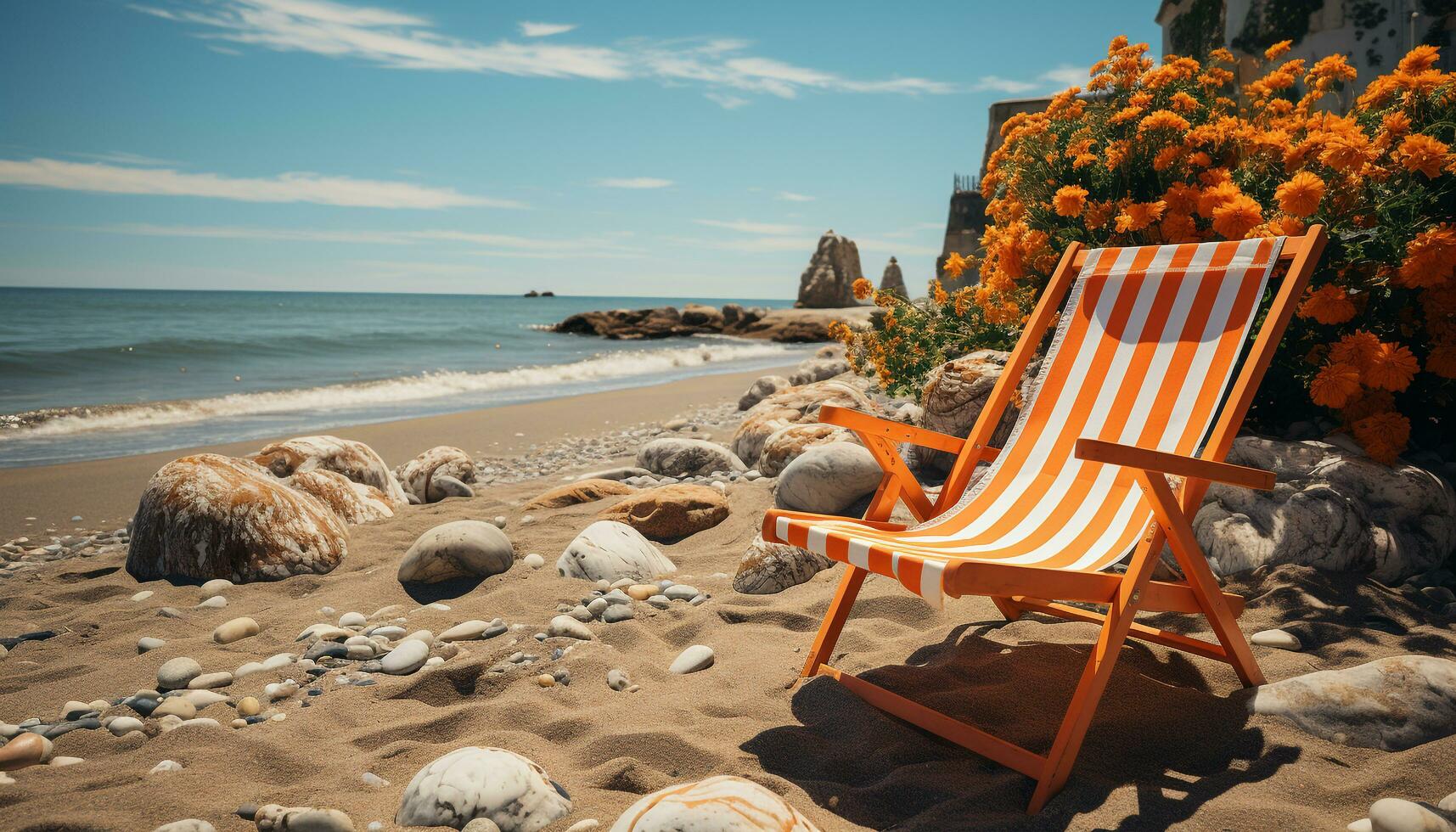 lounge stoel resting Aan rustig kustlijn, gestreept tafel dichtbij gegenereerd door ai foto