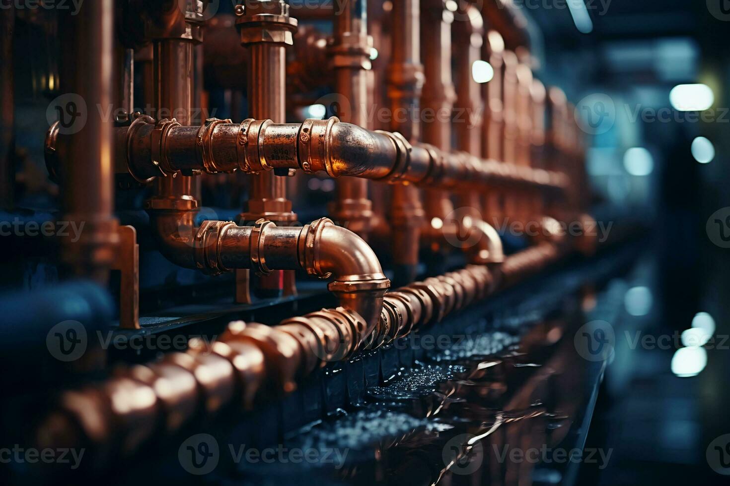 loodgieter onderhoud. koper pijpleiding van een verwarming systeem in boiler kamer. ai generatief foto