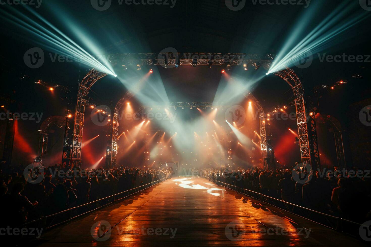 concert stadium met scherm verlichte door schijnwerpers. ai generatief foto