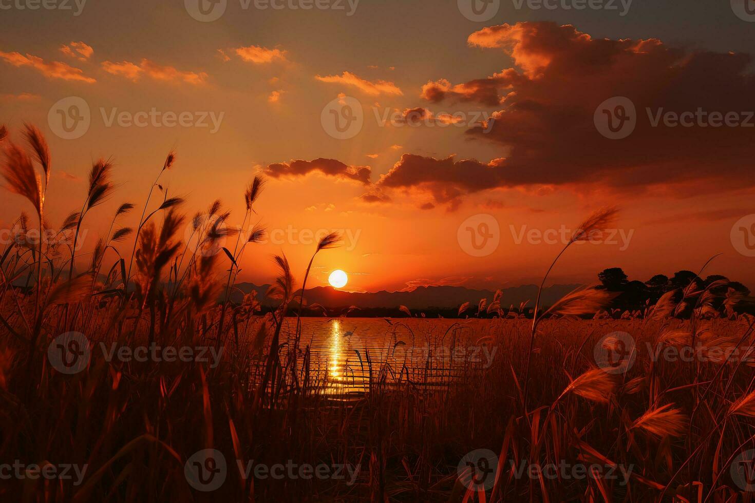 de zon geleidelijk reeksen, en de lucht is geverfd met oranje. ai generatief foto