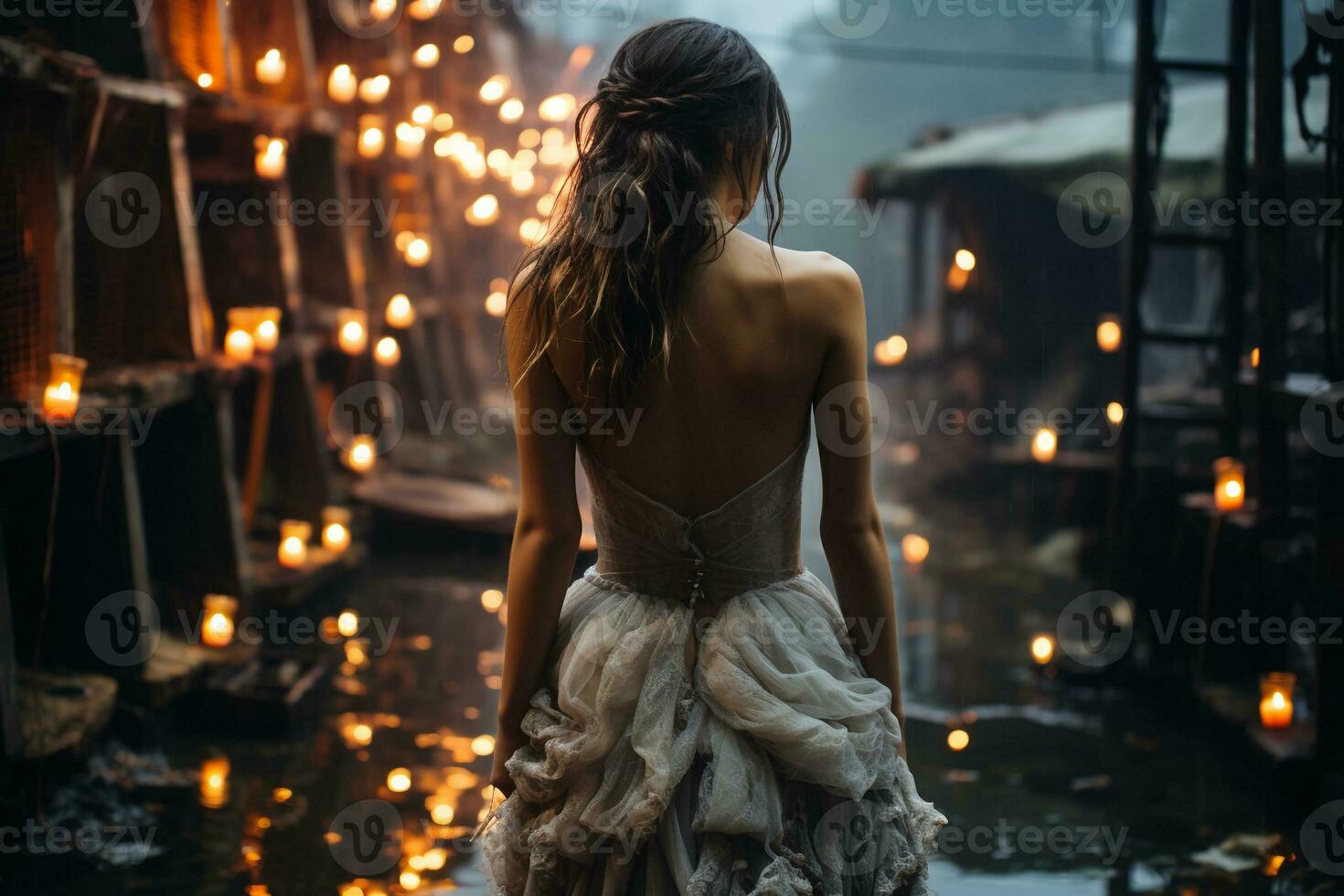een vrouw in een donker fee kei mode bruiloft jurk waden in een vervallen industrieel complex in de regen Bij schemering. humeurig atmosfeer. ai generatief foto