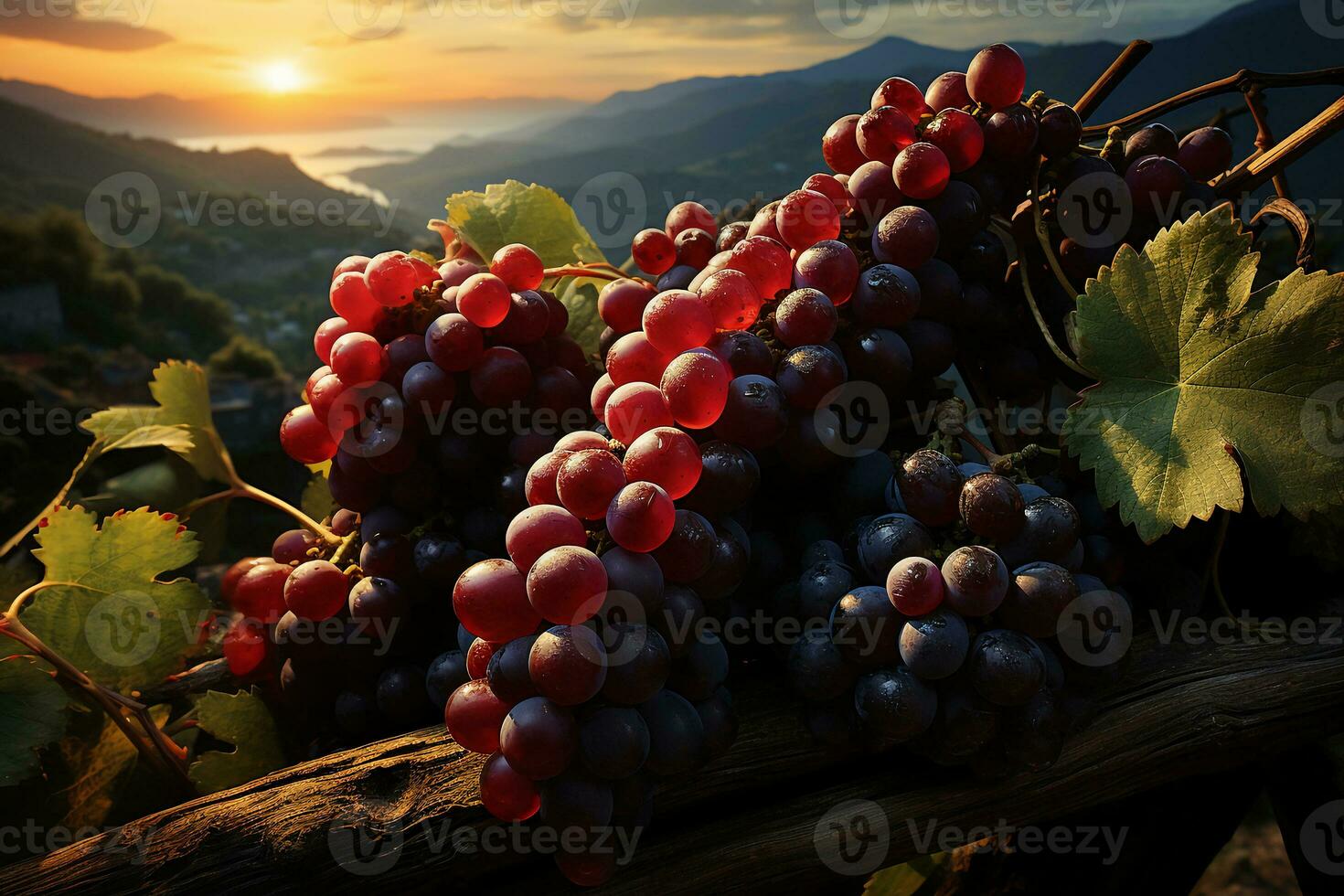 een pittoreske wijngaard onder de warm gloed van de middag zon. ai generatief foto