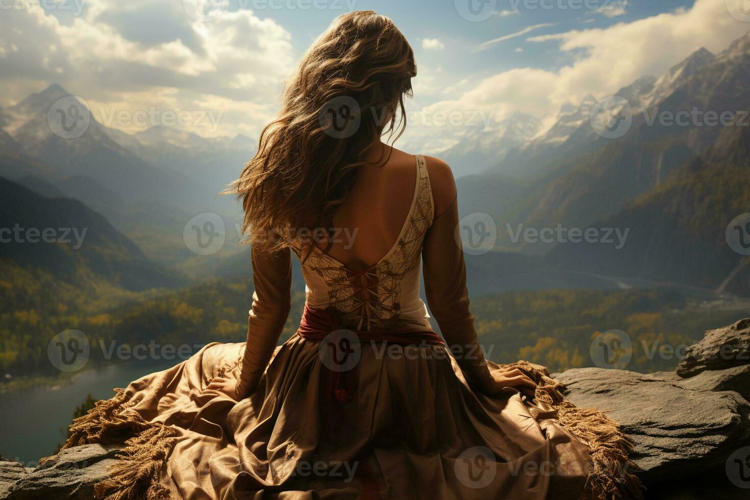 mooi vrouw zittend Aan top van een berg, bekeken van achter. ai generatief foto