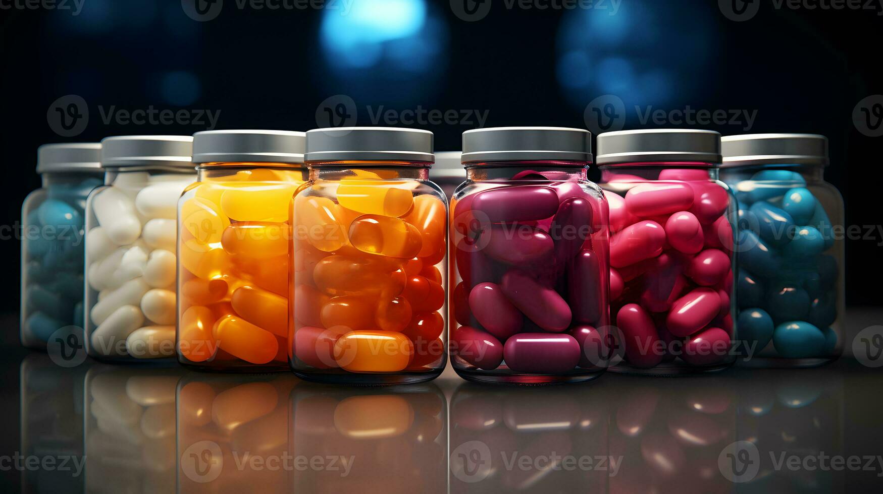 verschillend pillen in Doorzichtig flessen - gegenereerd ai illustratie foto