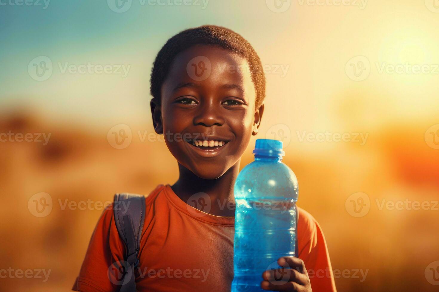 Afrikaanse jongen water fles. genereren ai foto