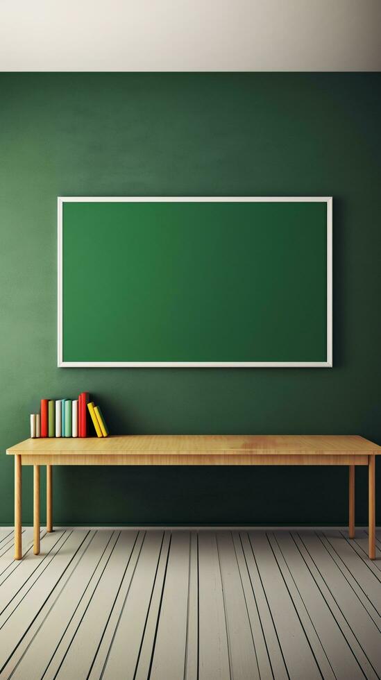 ai gegenereerd blanco schoolbord met klasse tafel en schrijfbehoeften in klas, terug naar school- ontwerp concept. foto