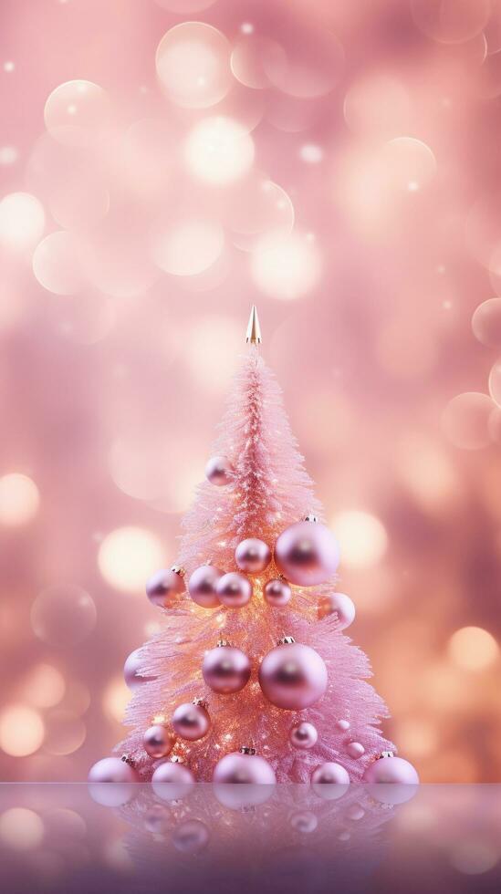 ai gegenereerd roze Kerstmis boom met snuisterij hangende Aan de Kerstmis boom met sprankelend licht plek. foto