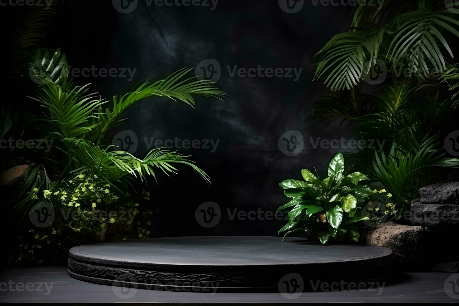 leeg zwart steen platform met tropisch planten Aan donker achtergrond.generatief ai. foto