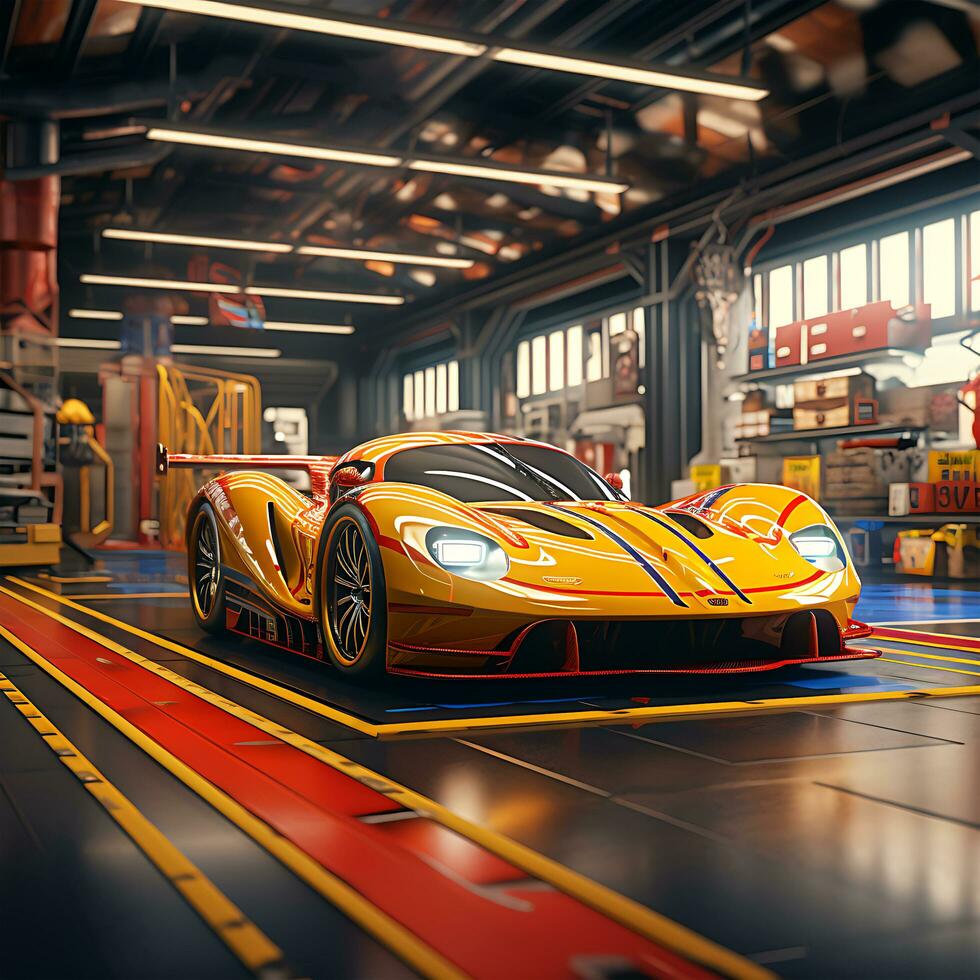 een kleurrijk racing auto in de garage renderen de toekomst foto