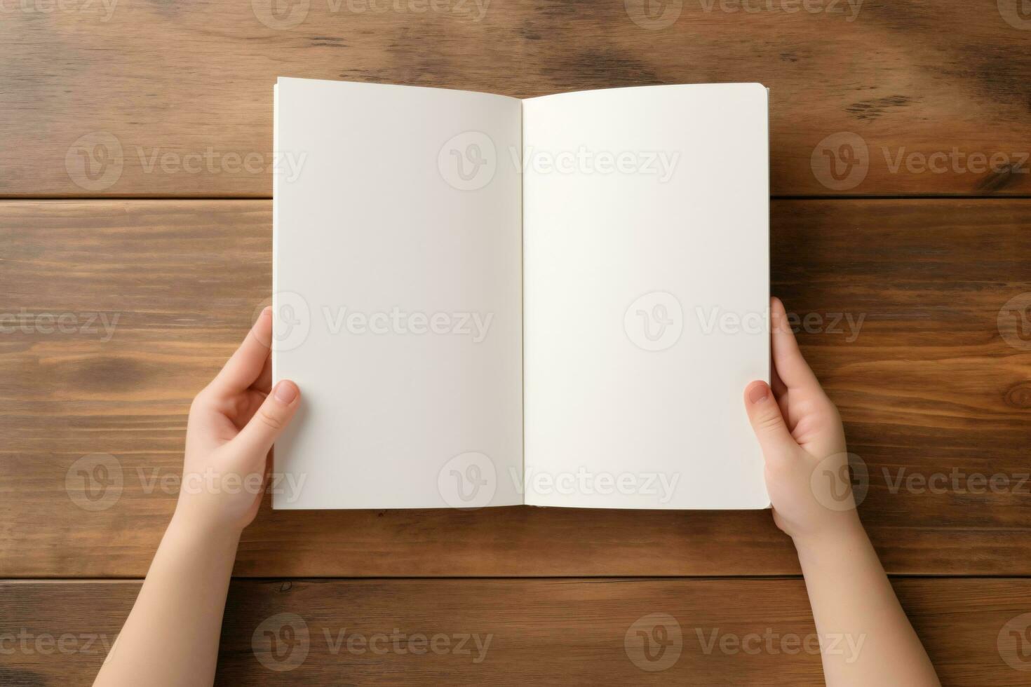 boek mockup in kinderen handen Holding top visie Aan hout tafel achtergrond , ai-gegenereerd foto