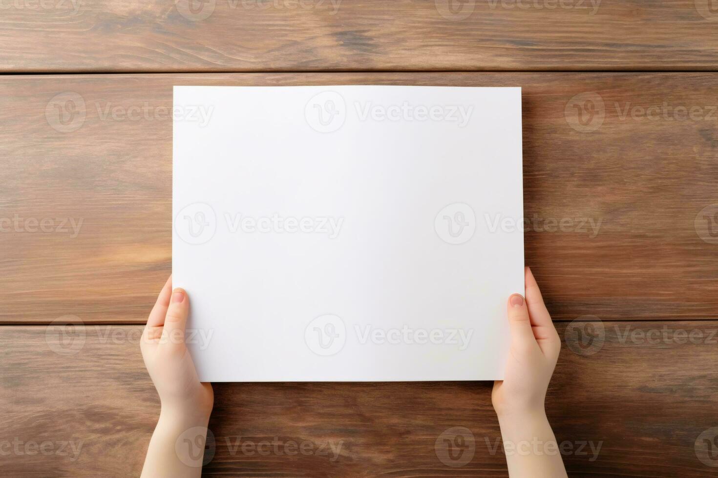 boek mockup in kinderen handen Holding top visie Aan hout tafel achtergrond , ai-gegenereerd foto