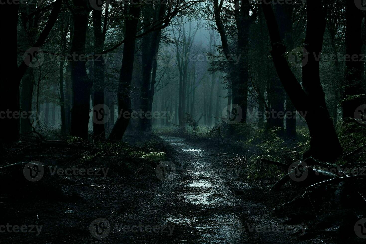 donker Woud Bij nacht in maan licht.generatief ai foto