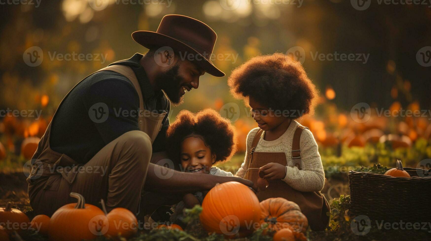 Afrikaanse familie verzamelt pompoenen in de velden in voorbereiding voor halloween. gelukkig zwart familie vader en twee kinderen lachend Aan een helder zonnig dag. foto