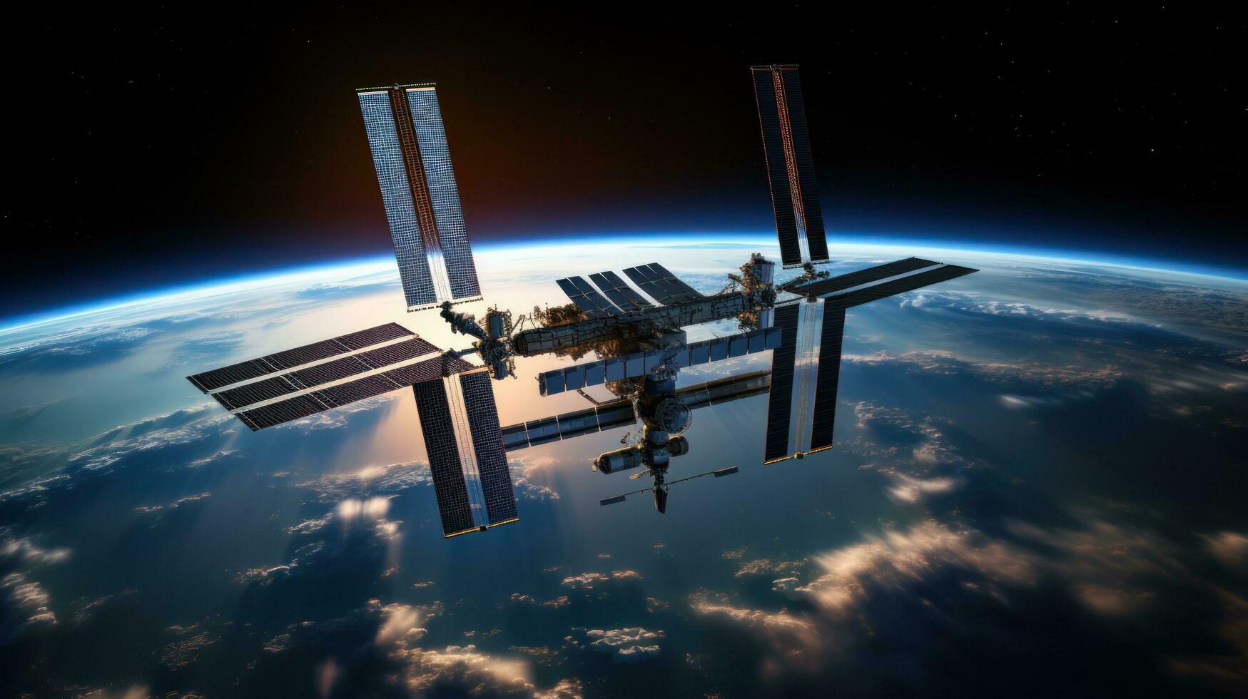 Internationale ruimte station in een baan om de aarde bovenstaand aarde foto
