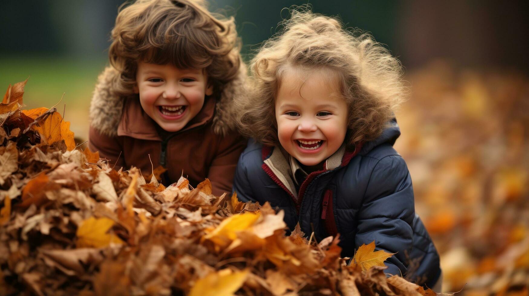 aanbiddelijk kinderen spelen in aambeien van herfst bladeren foto