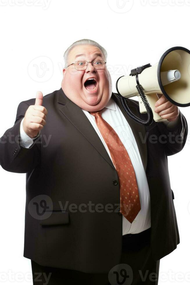 zelfverzekerd dik manager met een luidspreker geïsoleerd Aan een wit achtergrond foto