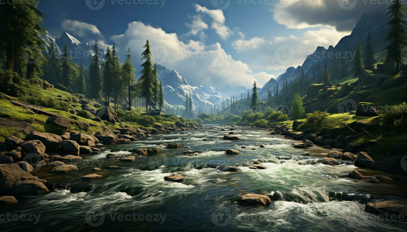 majestueus berg reeks weerspiegelt in rustig vloeiende water, een adembenemend landschap gegenereerd door ai foto