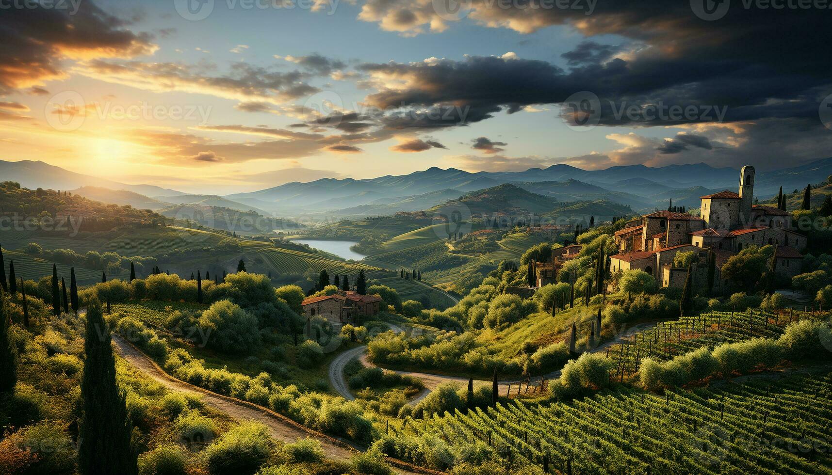 rustig zonsondergang over- Italiaans wijngaard, een pittoreske landelijk landschap gegenereerd door ai foto