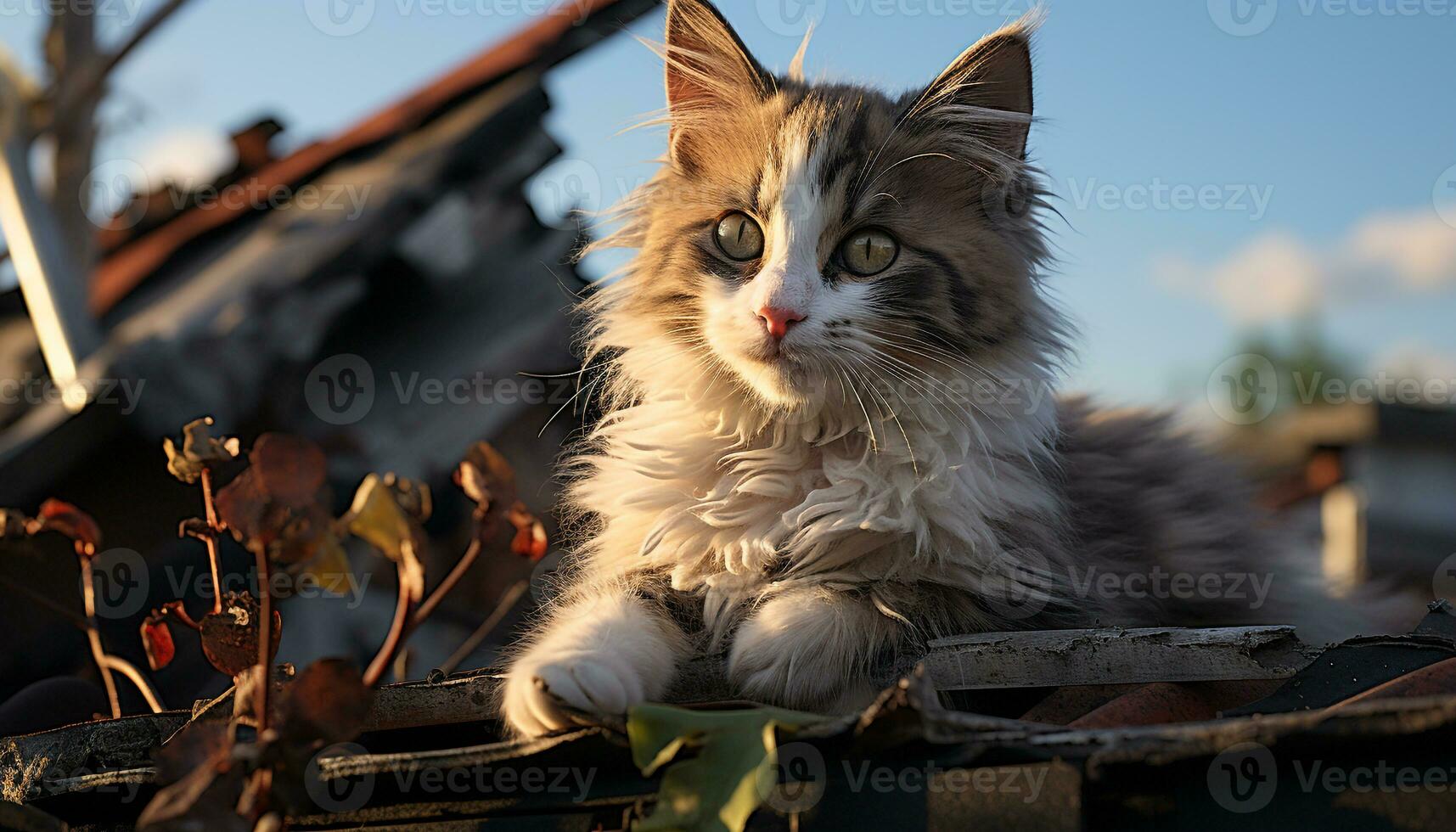 schattig katje zittend Aan hout, op zoek Bij camera, pluizig vacht gegenereerd door ai foto